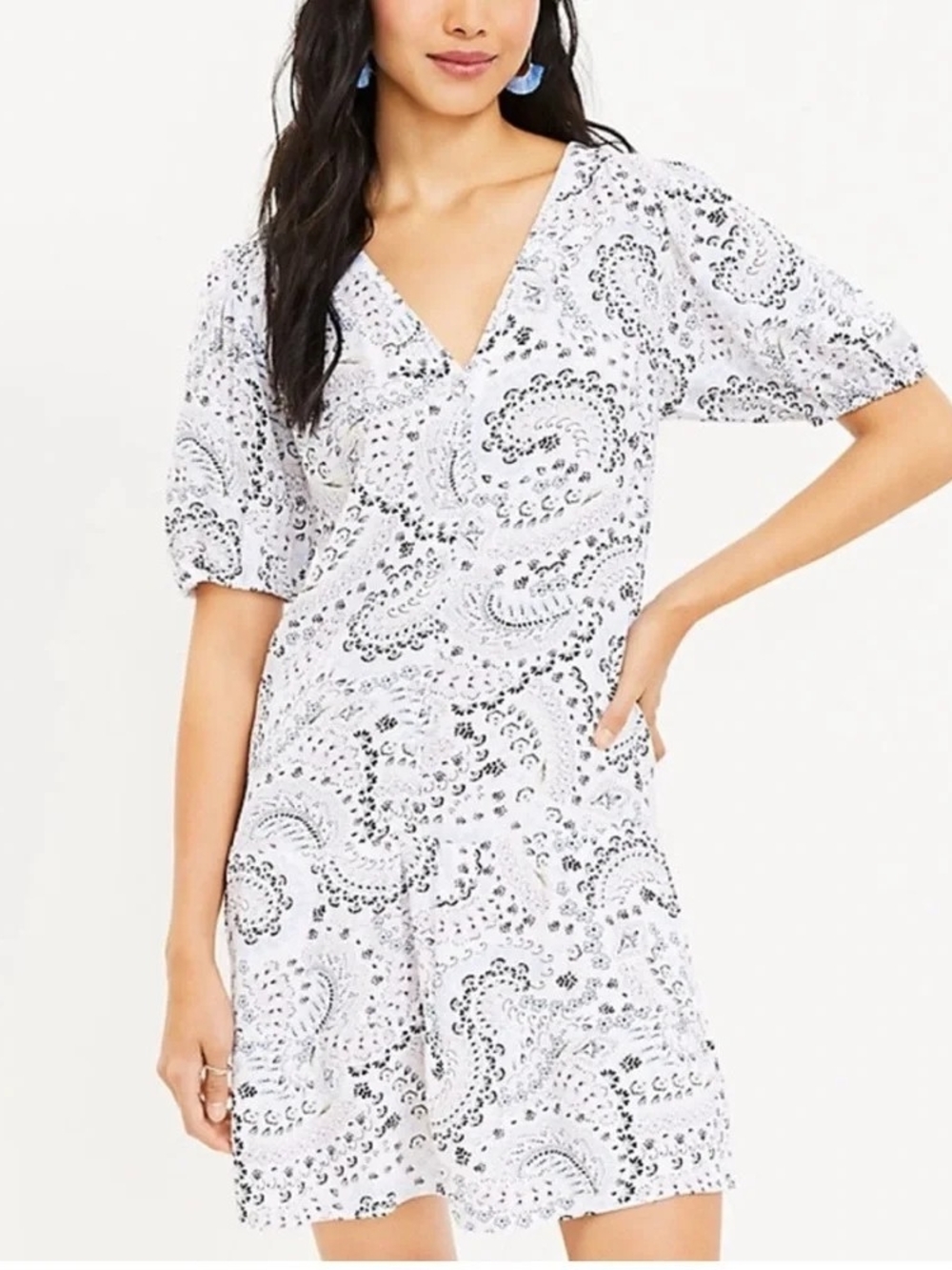 LOFT White Dress with Black Paisley Print